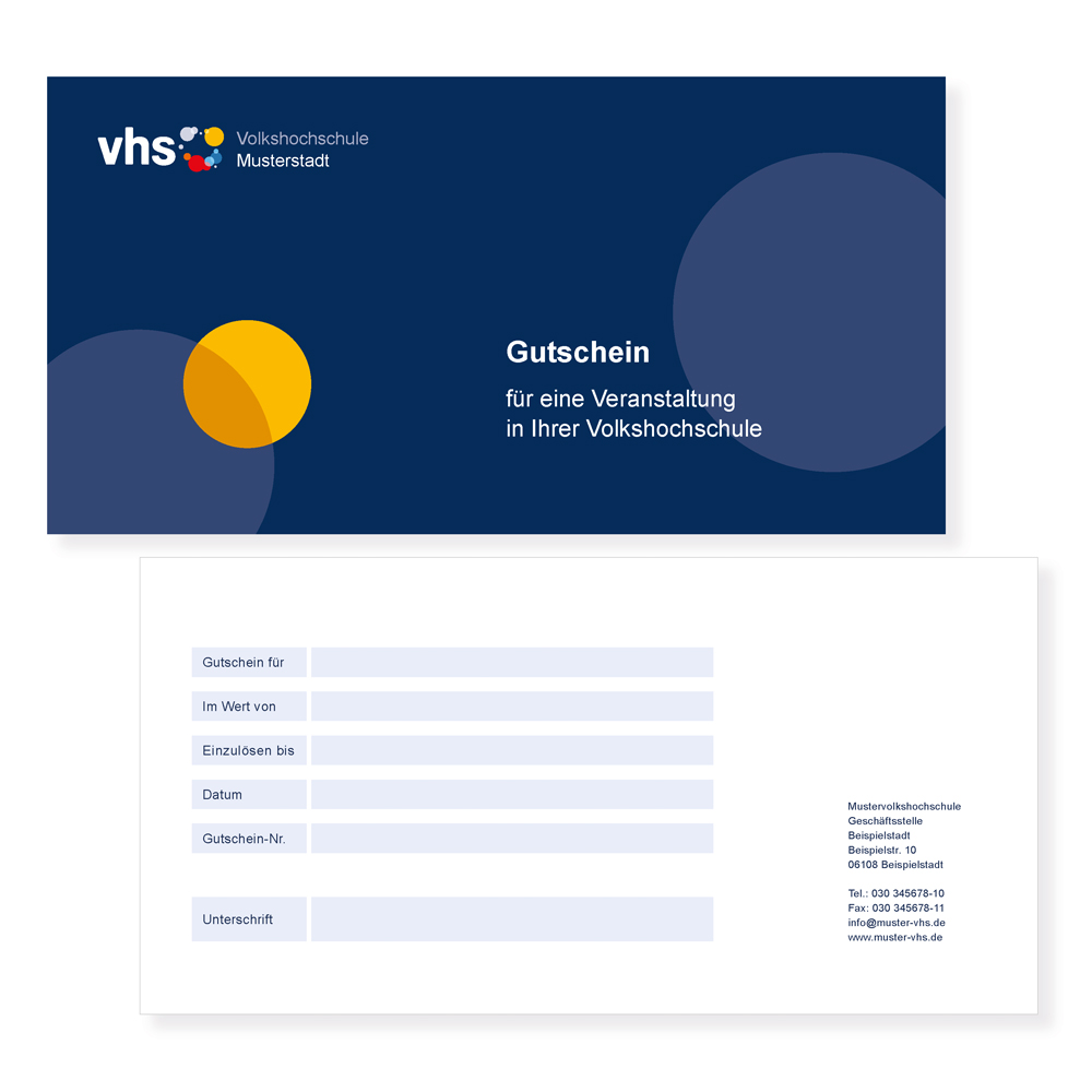 Gutschein_VHS_CI_Blau_Individuell_1000px Gutschein individuell gestaltet, 100 Stück